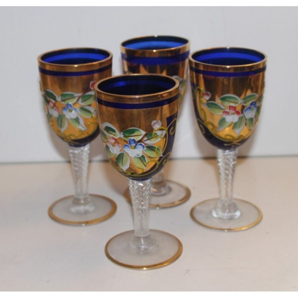 Vintage Murano Tre Fouchi Cobalt Blue Cordial Glass ith 24 K Gold